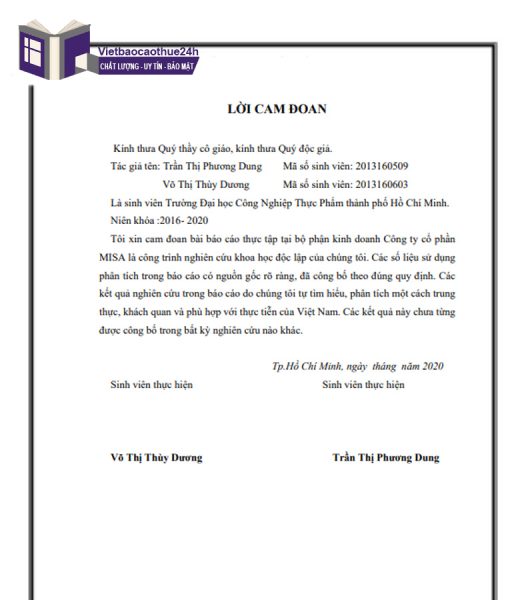 Mẫu lời cam đoan trong báo cáo thực tập trường Đại học Cộng nghệ thực phẩm TP.HCM