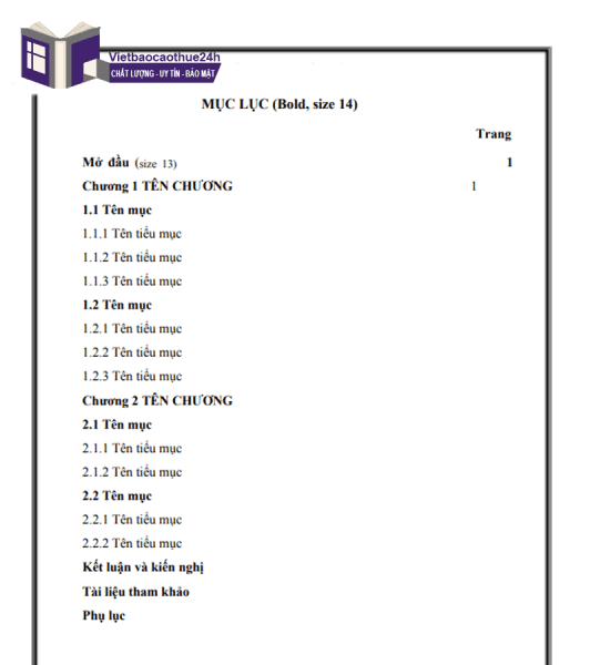 Trang “Mục lục” (theo mẫu)