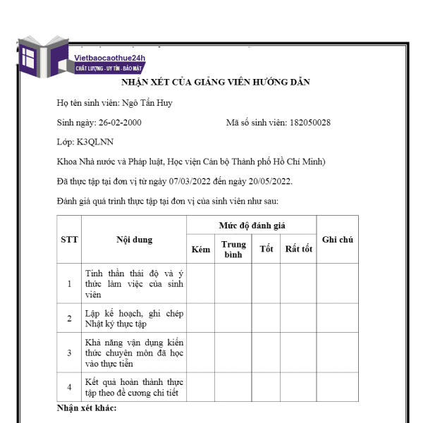 Mẫu nhận xét thực tập số 10